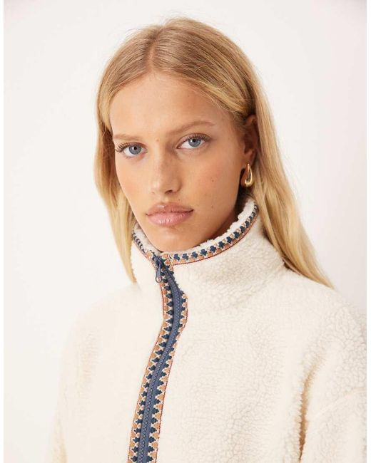 ASOS Natural Half Zip Borg Fleece With Folk Trim Detail