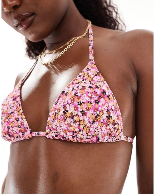 Mango Floral Print Textured Triangle Bikini Top