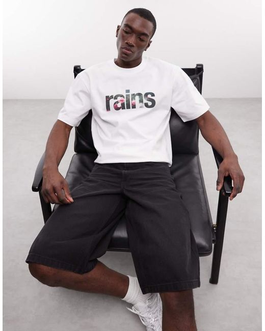Rains White 41500 Relaxed Fit Graphic Logo T-shirt for men