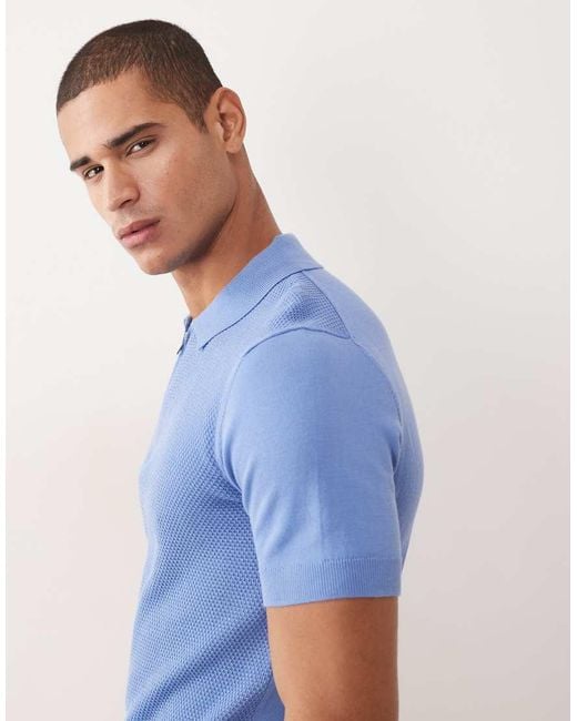 Mango Blue 100% Cotton Waffle Knit Quarter Zip T-shirt Sky for men