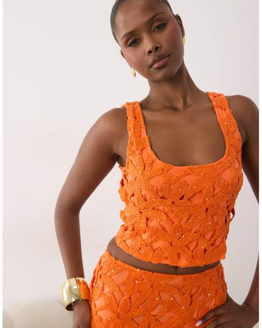 Missy Empire Orange Flower Crochet Scoop Neck Top