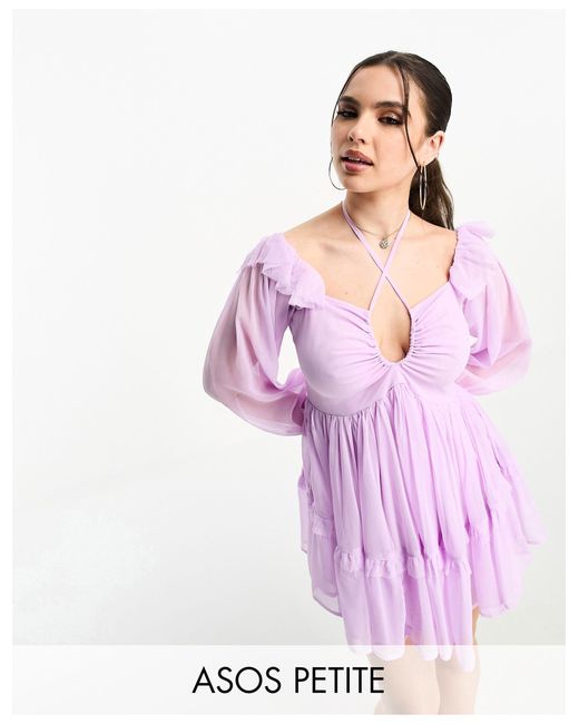 ASOS Asos Design Petite Ruffle Shoulder Mini Off The Shoulder Smock Dress  With Tie Neck Detail in Pink | Lyst Canada