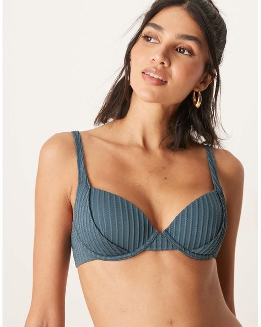 ASOS Blue Riddy Rib Padded Underwired Bikini Top