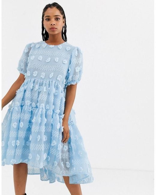 Sister Jane Blue Midi Smock Dress With Full Tiered Skirt