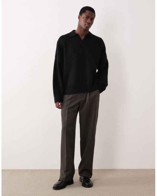 ASOS Black Super Oversized Boxy Fit Knitted Fisherman Rib Notch Neck Jumper for men
