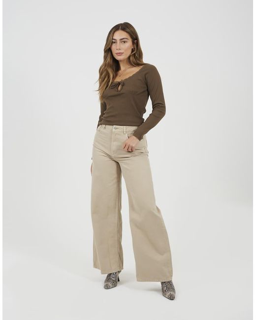Brave Soul Brown Ribbed Long Sleeve Top With Lace Trim