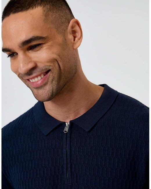 Threadbare Blue Textured Knit Quarter Zip Polo for men