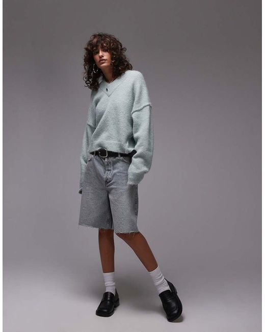 TOPSHOP Pluizige Gebreide Trui Met Hoge V-Hals in het Gray