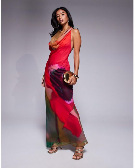 ASOS Asos Design Petite Cowl Plunge Bias Maxi Dress in Red | Lyst