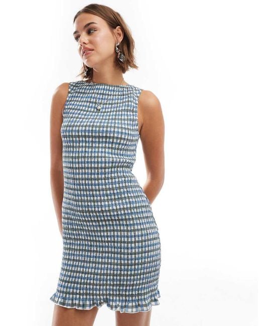 ASOS Blue Shirred Slash Neck Mini Dress
