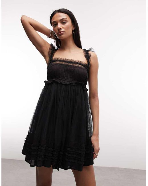 AllSaints Black Angela Sleeveless Lace Ruched Mini Babydoll Dress