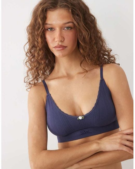 Boux Avenue Blue Pointelle V Front Bralet With Rose Detail