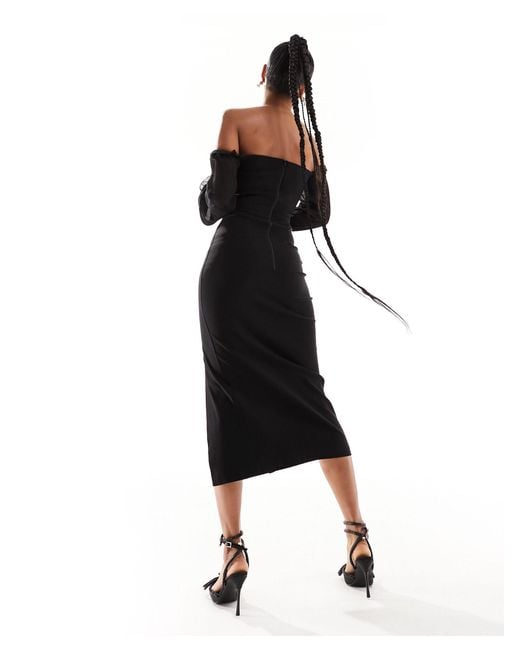Vesper Black Bardot Contrast Chiffon Sleeve Thigh Split Midi Dress
