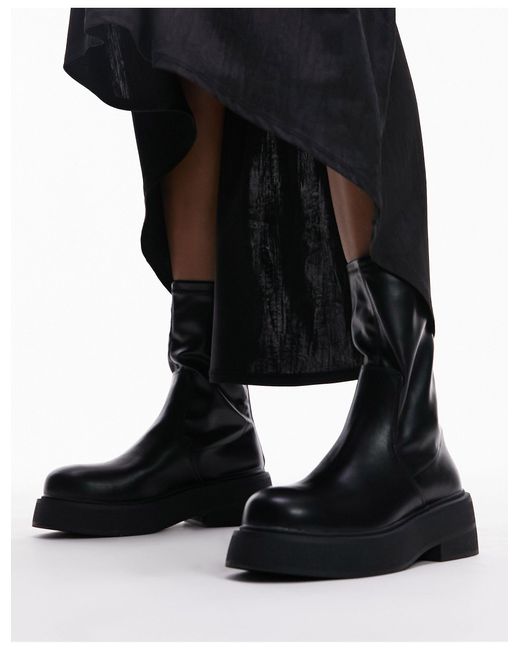 TOPSHOP Black Wide Fit Laura Textured Sole Ankle Sock Boot