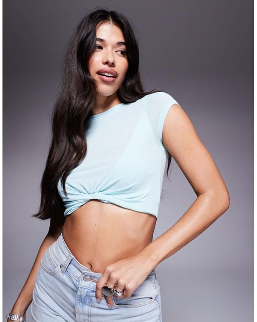 ASOS Blue Knot Front Mesh Short Sleeve Crop Top