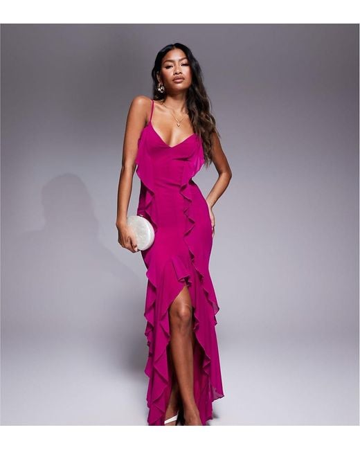 Murci Pink Exclusive Ruffle Detail Cami Front Split Maxi Dress
