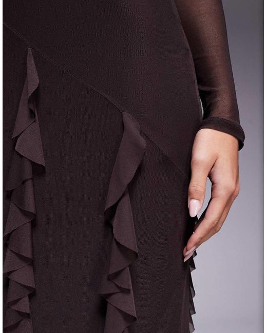ASOS Purple Mesh Long Sleeve Maxi Dress With Waterfall Ruffle Skirt Detail