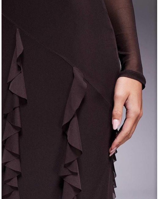 ASOS Purple Mesh Long Sleeve Maxi Dress With Waterfall Ruffle Skirt Detail