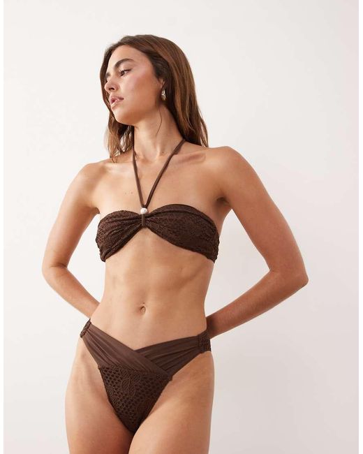 Miss Selfridge Brown Crochet Halterneck Faux Pearl Bikini Top
