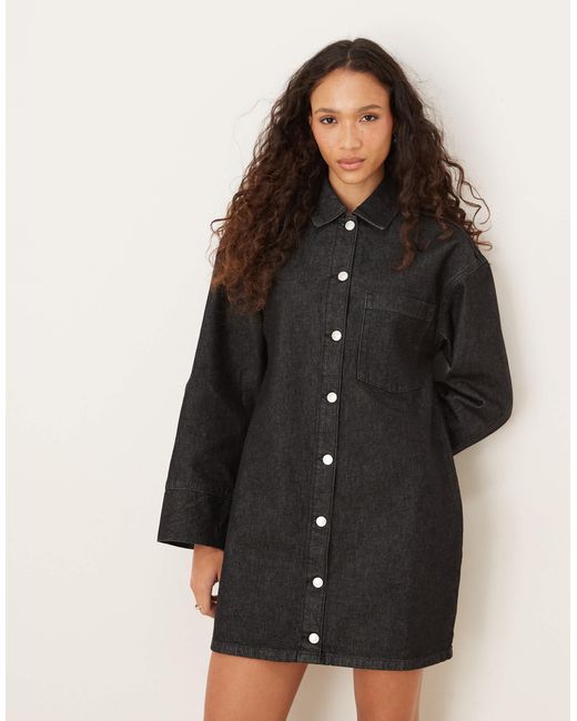 Robe chemise courte en jean à manches longues ASOS en coloris Black
