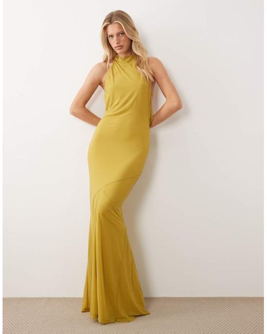 ASOS Metallic Stretch Chiffon High Neck Racer Fishtail Maxi Dress With Spliced Godet Detail
