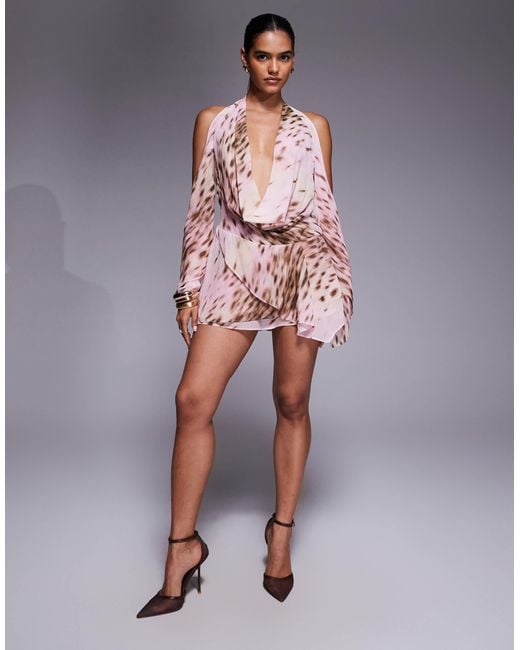 I.AM.GIA Multicolor Rosanna Georgette Chiffon Plunge Cowl Neck Fluted Sleeve Mini Dress