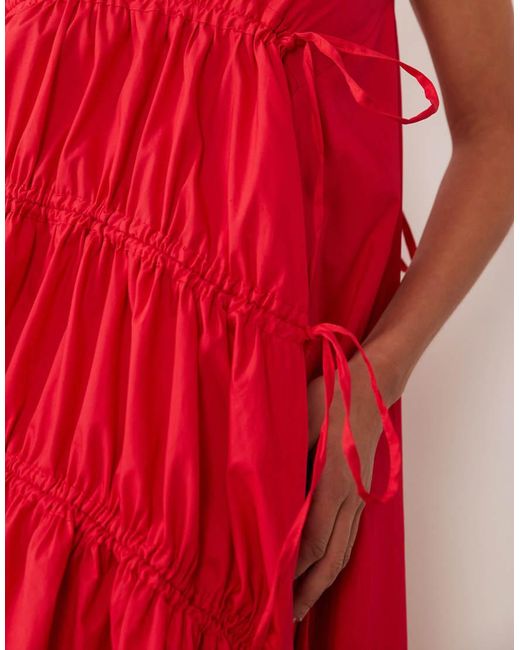 Ghospell Red Sleeveless Drawstring Detail Ruched Midi Dress