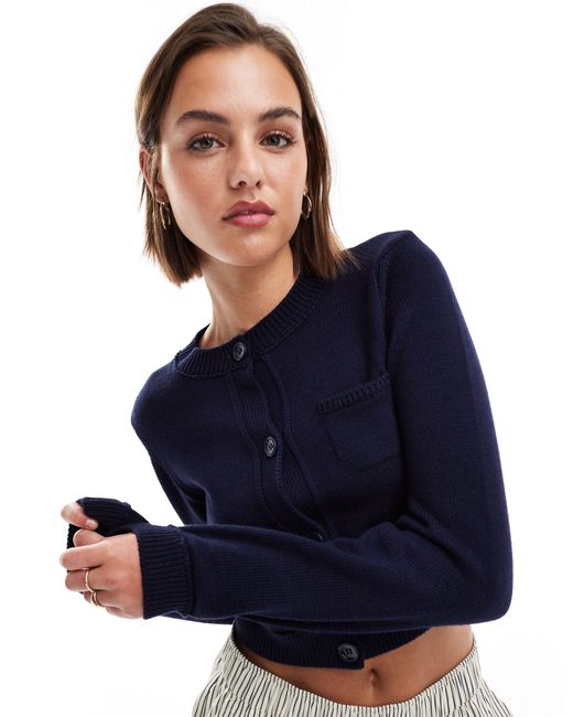 ASOS Blue Crew Neck Cropped Cardigan With Pocket