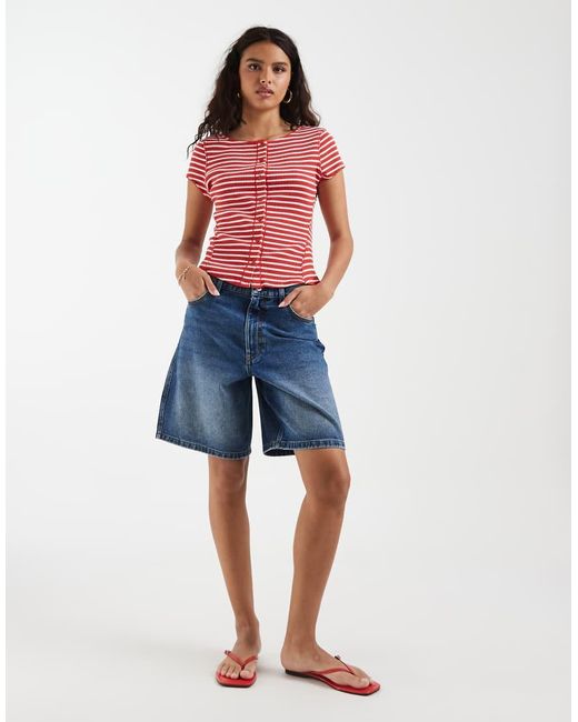 Free People Red Most Wanted Ribbed Button Down Top