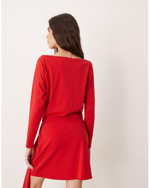 Abercrombie & Fitch Red Slash Neck Long Sleeve Mini Dress With Tie Up Front Detail
