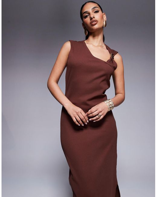 ASOS Brown Rib Knitted Midi Dress With Hardware Detail