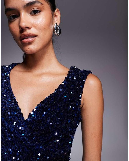 Goddiva Blue Multi Sequin & Velvet Bardot Midi Dress