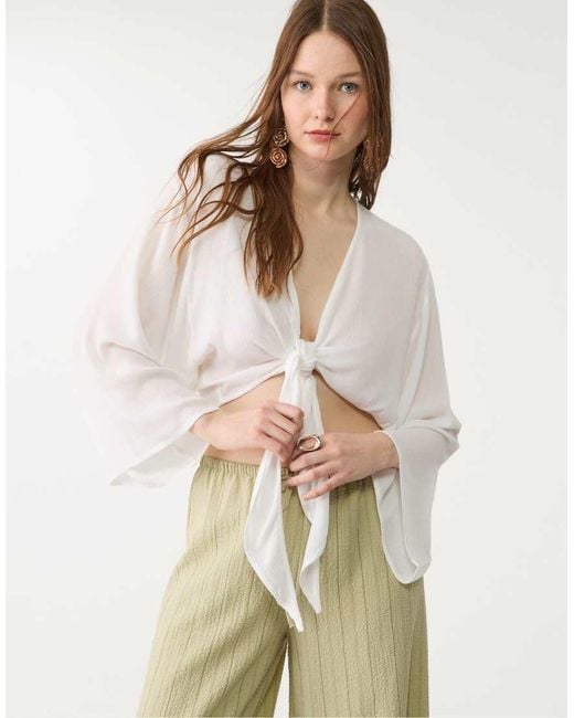 Stradivarius Natural Cropped Tie Front Blouse