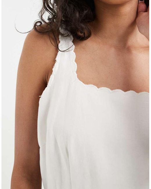 Vero Moda White Linen Look Scallop Edge Square Neck Cami Midi Dress