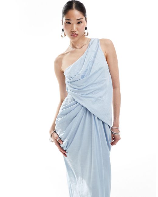 ASOS Blue One Shoulder Draped Maxi Dress With Full Skirt