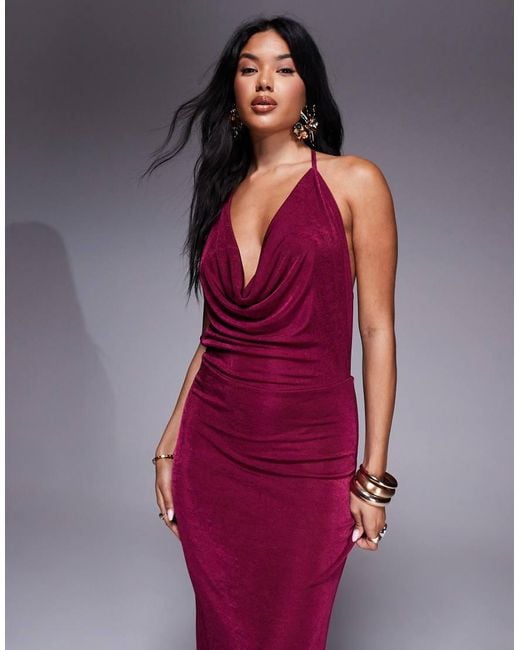 Aria Cove Purple Slinky Cowl Halterneck Open Tie Back Maxi Dress