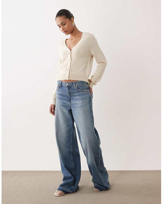 Mango Blue V Neck Jumper With Bow Detail