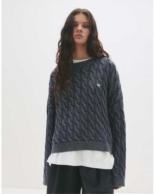 Pull&Bear Gray Faded Cable-knit Sweater