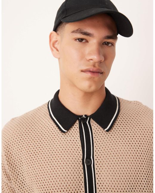 ASOS Natural Relaxed Airtex Knitted Button Through Polo With Contrast Collar for men