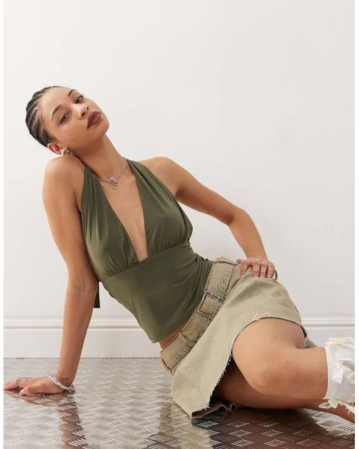 Collusion Green Cupro Longline Slinky Halter Top