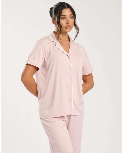 Loungeable Pink Super Soft Jersey Rib Traditional Short Sleeve Long Pyjamas