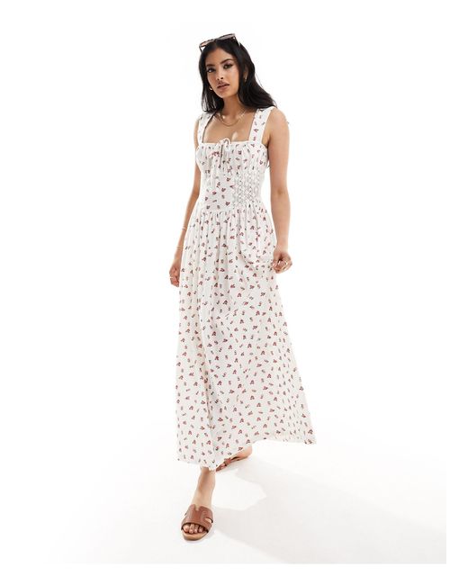 ASOS White Square Neck Ruched Bust Maxi Dress With Lace Inserts