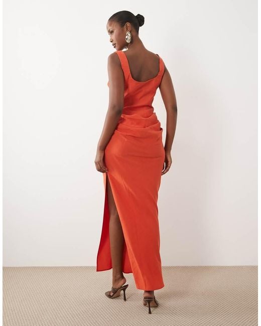 ASOS Red Square Neck Draped Bodice And Waist Detail Maxi Dress With Side Split