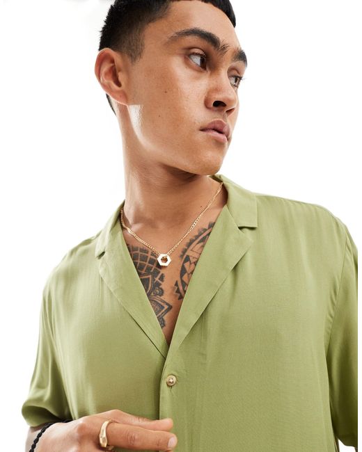 ASOS Green Relaxed Fit Viscose Shirt With Low Revere Collar for men