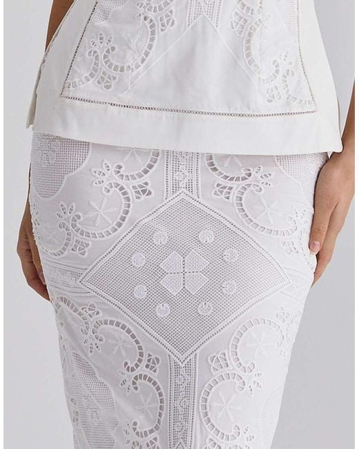 House Of Cb White Cecilia Cotton Placement Lace Broderie Anglaise Midi Skirt