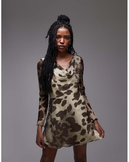 TOPSHOP Brown Long Sleeve Cowl Neck Mini Tea Dress