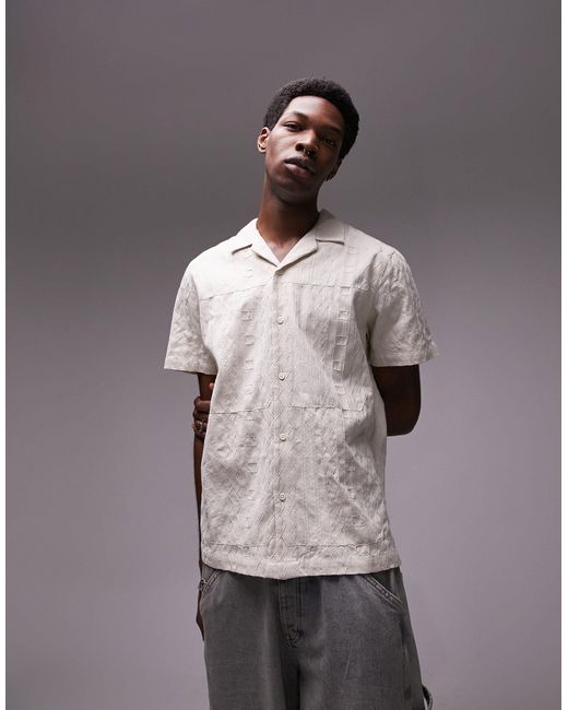 Topman Natural Short Sleeve All Over Embroidered Shirt for men