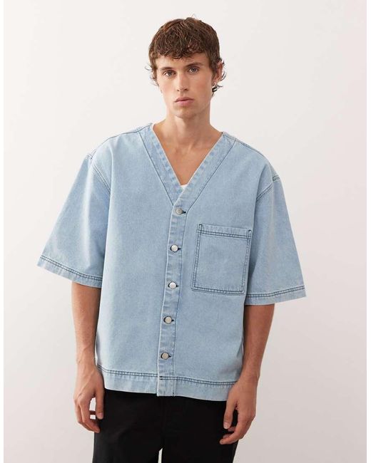 Reclaimed Vintage Blue Denim Short Sleeve Baseball Shirt for men