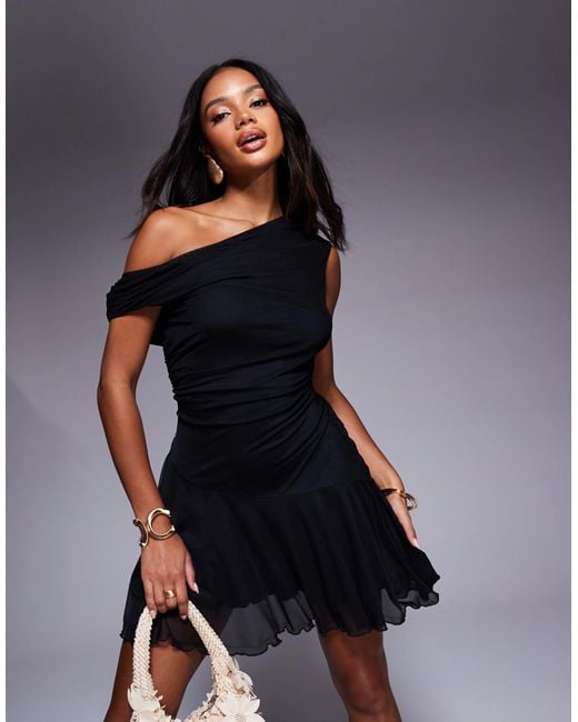 Aria Cove Blue Drape Off The Shoulder Ruffle Hem Mini Dress
