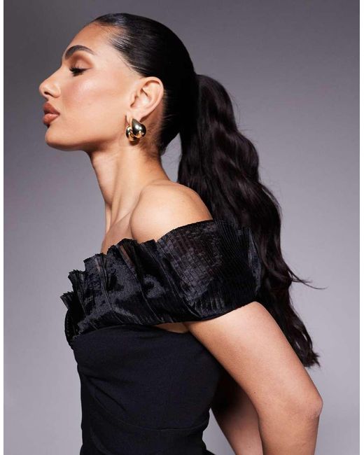 Goddiva Black Fan Pleated Bardot Scuba Crepe Maxi Dress
